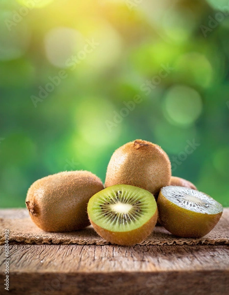 Fototapeta kiwi on the wooden in blur green background