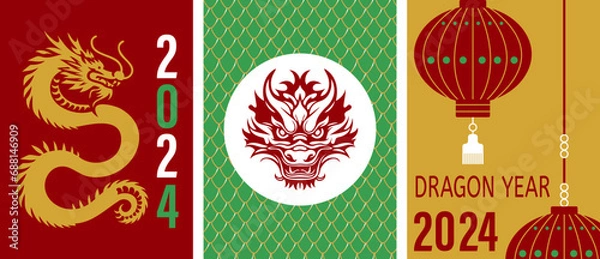 Fototapeta Chinese dragon poster set. Symbol of Chinese new year. Dragon zodiac banner collection with number 2024, dragon scale and traditional culture red lantern. Vertical composition.