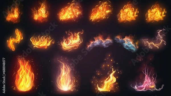 Fototapeta Set of burning fires of flames and sparks on solid background