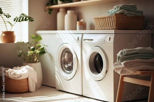 Fototapeta Efficiency in Every Load Bright and Functional Laundry Room Interior with Washing Machine, Clothes Dryer, and Organized Storage for Detergents and Laundry Essentials. created with Generative AI
