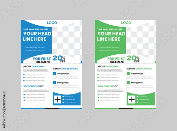 Fototapeta Medical social media post template. Modern banner design with blue color ribbon decoration and place for the photo. Suitable for social media, websites, flyers, and banners.