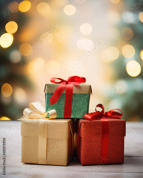 Fototapeta Festive Holiday Gifts, Wrapped Christmas Presents, Holiday Spirit Presents On A Neutral Background