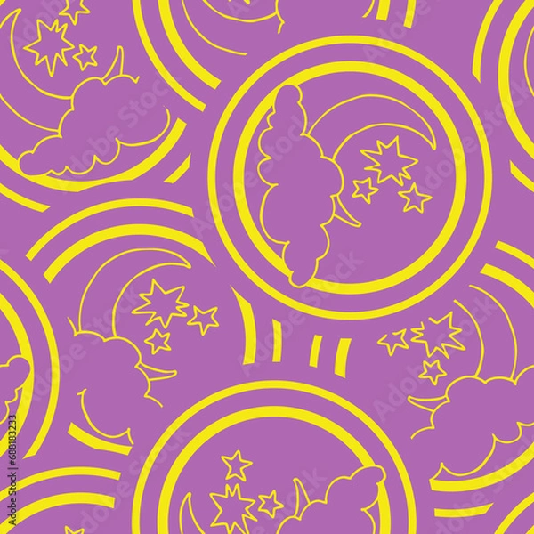 Fototapeta Starry night seamless pattern with moon, stars and clouds. Boho style decorative background for wallpaper, digital paper, wrapping design, fashion fabric, textile print. Hand drawn illustration.