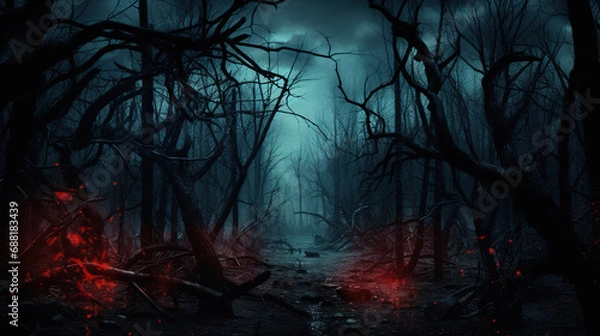 Fototapeta Dark forest with a stream. Generative Ai