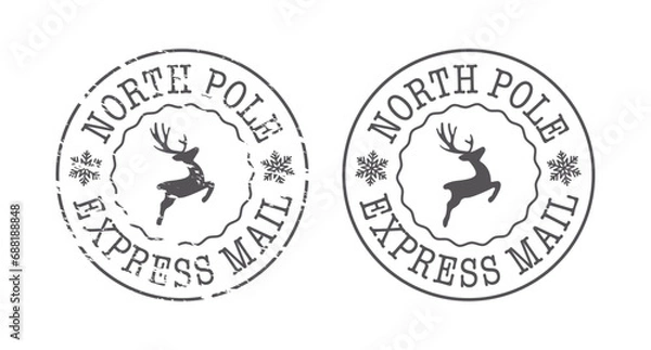 Fototapeta North Pole Express Mail Stamp Seal with Reindeer Christmas Envelope Letter to Santa Claus