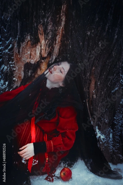 Fototapeta Portrait of a young girl dressed in a red folklore costume, whose face is covered with a black translucent veil. A girl is sitting in a forest near a tree on a winter day. A fairy tale and a legend.