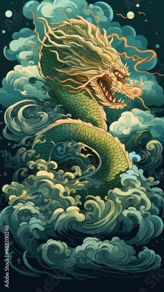Fototapeta A regal green and gold Chinese dragon, surrounded by swirling clouds and set against a deep blue background