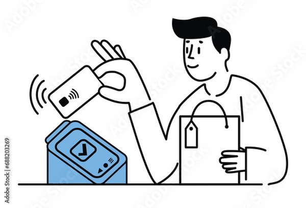 Obraz Person Uses Credit Card On Card Reader, A Cashless Payment, Contactless Payment