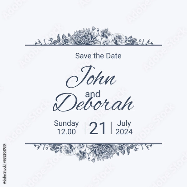 Fototapeta Botanical blue wedding frame or wreath on white background. Hand drawn floral, flower, leaf branch in toile de jouy style. Line art for wedding, monogram, invitation, greeting, logo, birthday cards