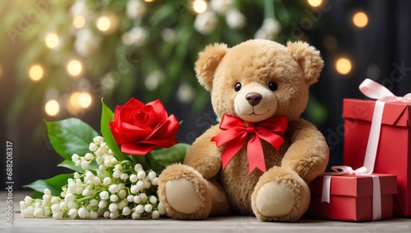Fototapeta Cute funny teddy bear toy, with a gift box with a bow, with bouquets of lily of the valley flowers creative
