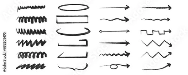 Fototapeta Set of black pencil drawn circles, lines, etc. drawn elements. Pencil style, handwritten, handmade. Curves. Web, typography.	