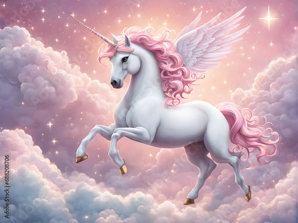 Fototapeta a white fairy unicorn with a pink mane and white wings jumps on pink clouds