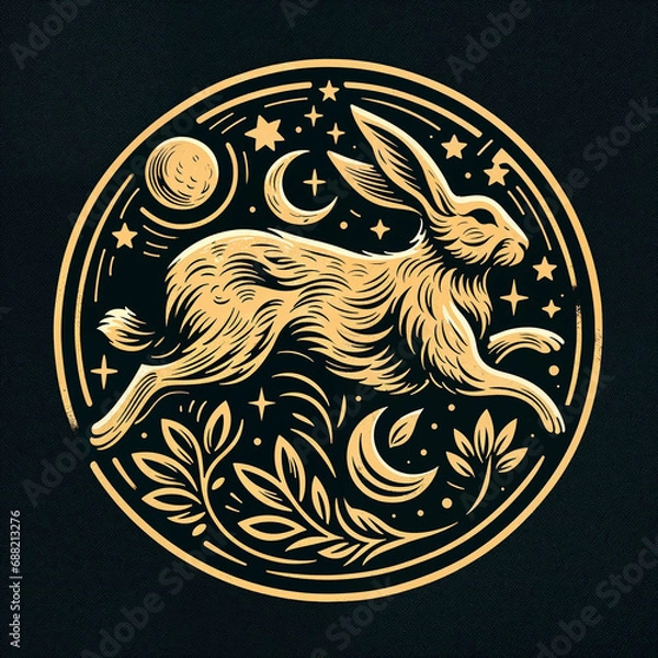 Fototapeta Golden Celestial Rabbit Illustration in Art Nouveau Style

