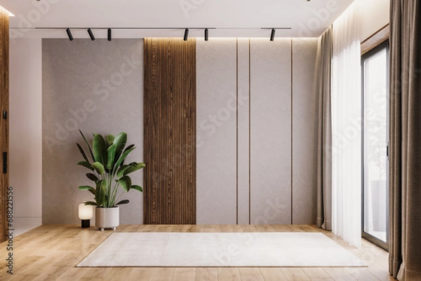 Obraz Modern minimal interior design of apartment, empty living room with grey plaster wall and wooden decorative slats, white carpet, track lighting, palm interior plant, panorama, 3d render