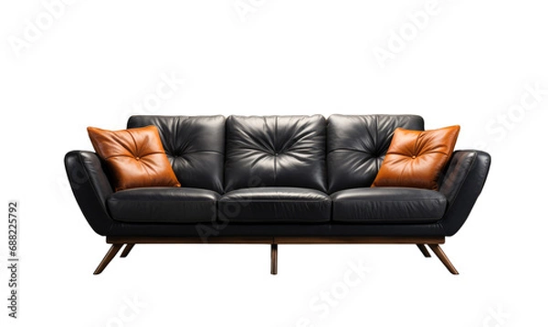 Fototapeta A chic black leather sofa with orange cushions and a modern design on a transparent background.