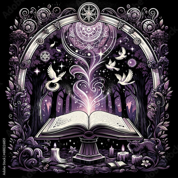 Fototapeta Mystical Open Book with Magical Symbols and Nature Elements

