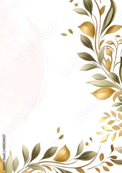 Fototapeta Green and gold vector frame with foliage pattern background with flora and flower