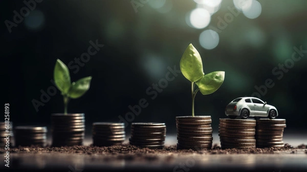Fototapeta Growing coin or money stack with ESG business investment on electric vehicle or EV car with sustainable growth potential lead to profitable financial return and net zero future. Reliance. ECO concept.