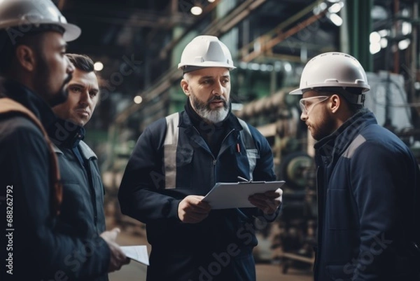 Obraz Supervisor discussing attendance with workers over clipboard in a manufacturing plant