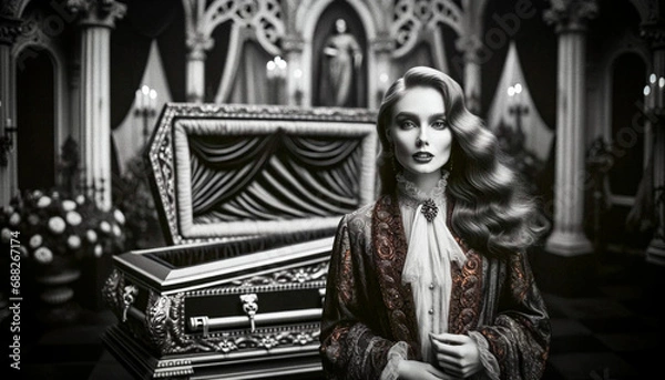 Obraz Elegant AI-Generated Female Vampire with Coffin Background