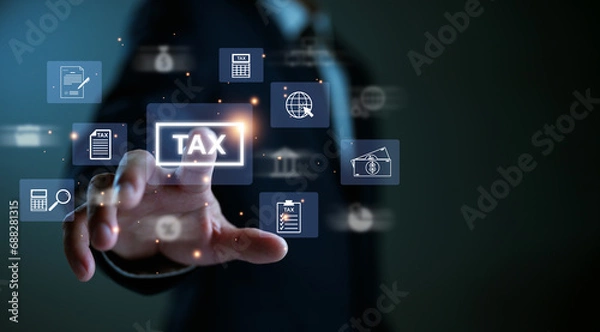 Fototapeta E-tax, Businessman show TAX for Individual income tax return form online for tax payment concept. Government, state taxes. Data analysis, paperwork, financial research, report. Calculation tax return.