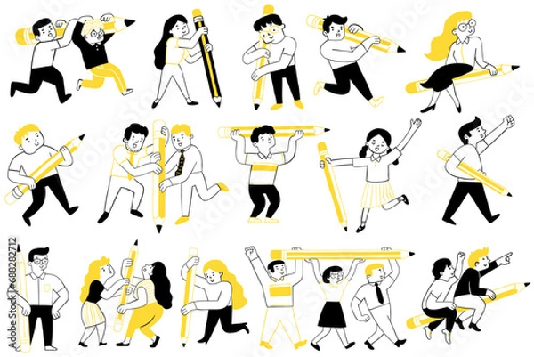 Fototapeta Cute character illustration doodle of various people holding big pencil. Outline, thin line art, hand drawn sketch design, simple style.