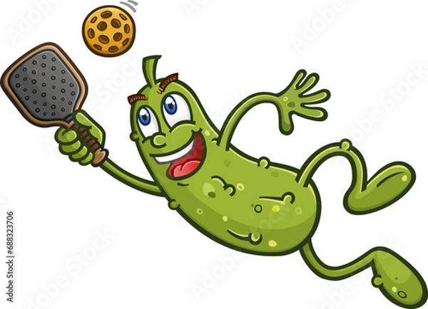 Obraz Dill pickle cartoon character leaping and diving to hit a rogue pickleball from an impressive opponent during a match on the court vector clip art