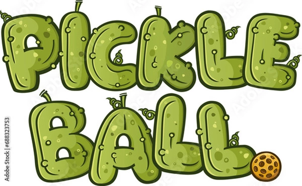 Obraz Pickle ball letters and words written in a dill pickle style font with vines and stems and a ball, illustrated vector graphic for flyers, ads or shirts