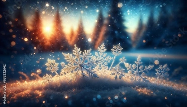 Fototapeta Enchanted Winter Twilight: Frosty Snowflakes and Golden Forest Light

