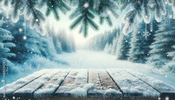 Fototapeta Winter Wonderland with Snow-Covered Pine Trees and Wooden Surface

