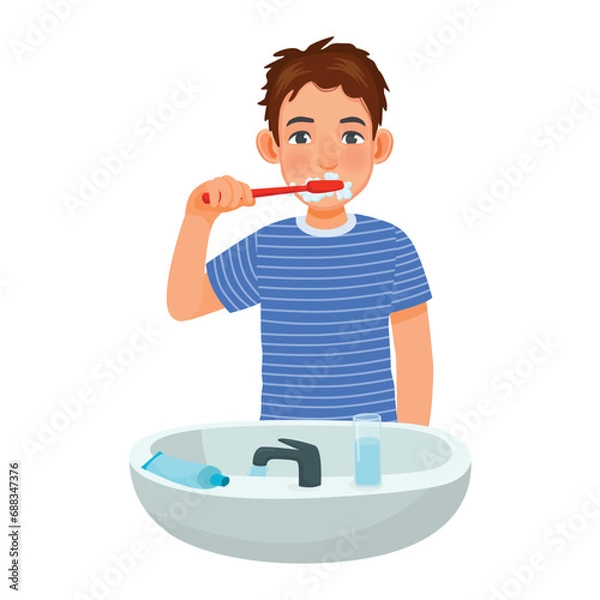 Fototapeta Young man brushing teeth with toothpaste