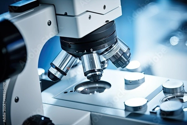 Fototapeta microscope in laboratory, close up photo, medical and health care experiment