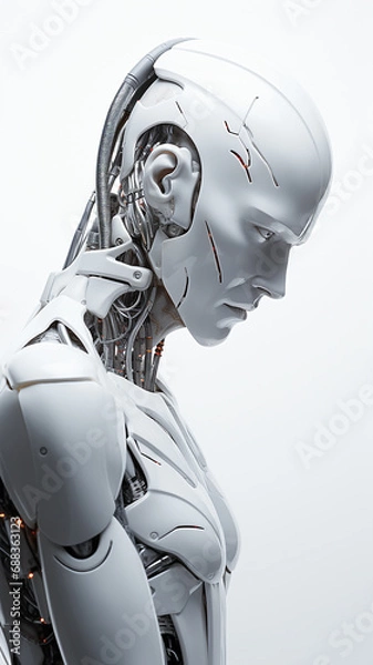Fototapeta vertical, mail robot cyborg on a white background, man portrait head, fictional abstract character