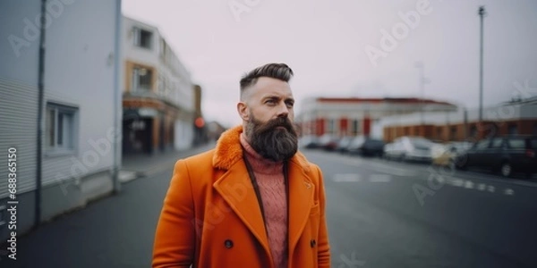 Obraz A Bearded Man in an Orange Coat, Embodying Warmth and Style