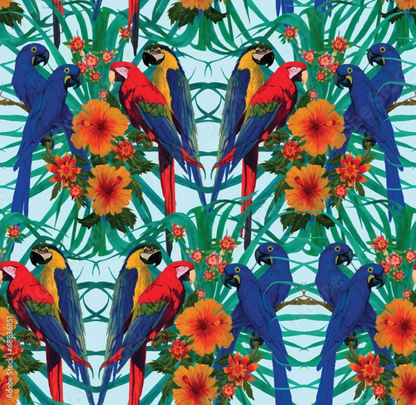 Obraz Seamless pattern with macaws and flowers.