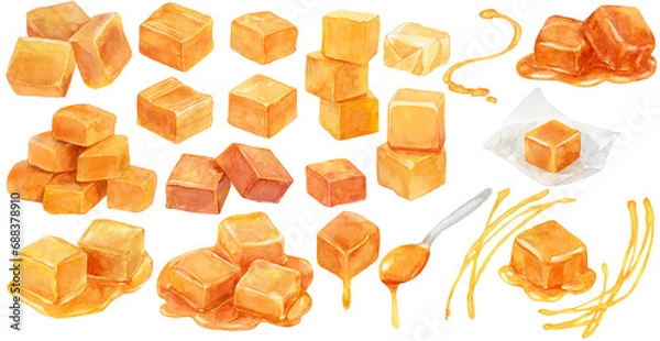 Obraz キャラメルとキャラメルソースの素材集　水彩画イラスト　とろける甘いキャラメルキャンディー