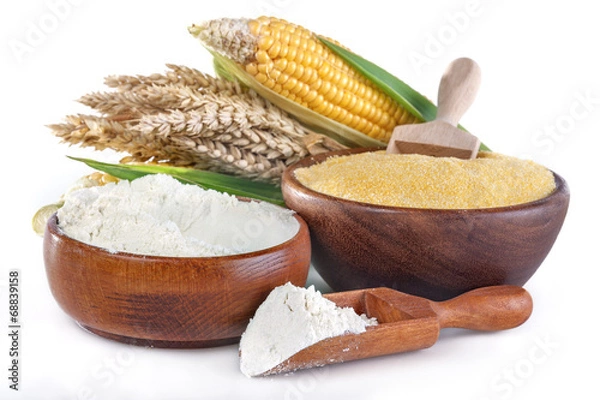 Obraz corn and wheat with flour and grits on white