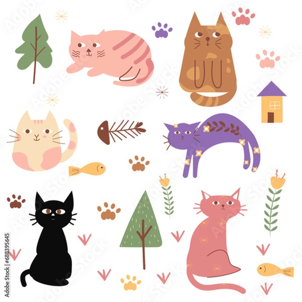 Fototapeta vector hand drawing cat abstract boho doodle nature cute adorable