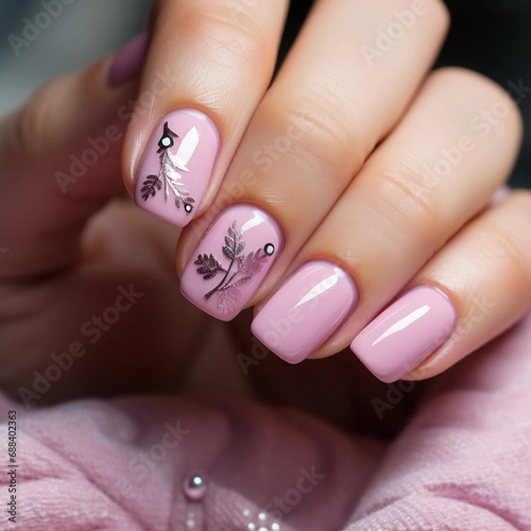 Fototapeta Women's nails, on a Christmas, pink background, pink colors predominate, it is a warm and homely image, with the nails as the protagonist.