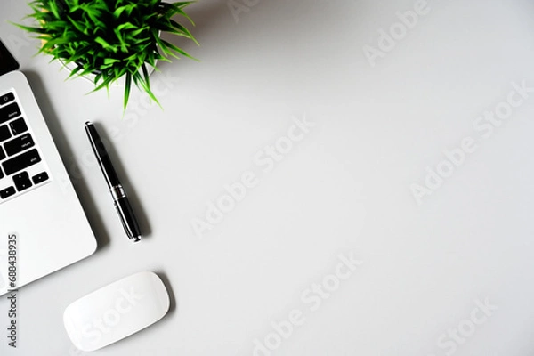 Obraz Office table with keyboard,mouse and cactus, copy space,Top view, flat lay
