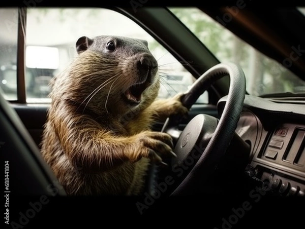 Obraz A groundhog is driving a car. Generative AI.