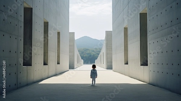 Fototapeta Person Standing in Hallway Between Two Buildings