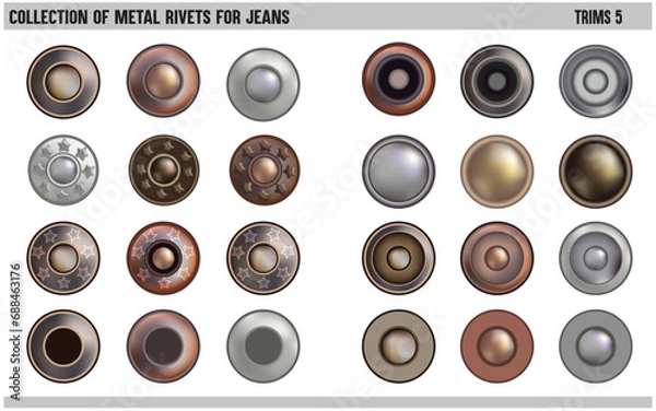 Obraz COLLECTION OF METAL RIVETS BUTTON STUDS FOR JEANS AND FOR OTHER ACCESSORIES VECTOR ILLUSTRATION