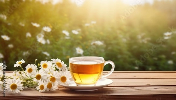 Fototapeta Drinking tea on a wooden table in the sunlight with fresh flowers, in the style of shaped canvas