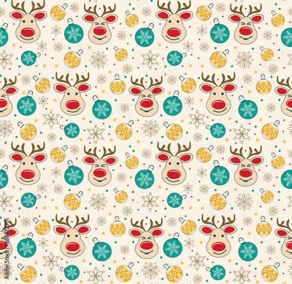 Fototapeta Painted seamless pattern with Christmas tree balls snowflakes and funny reindeer on light background retro style. Christmas holiday background. Design of packaging, wallpaper. Vector doodle. 