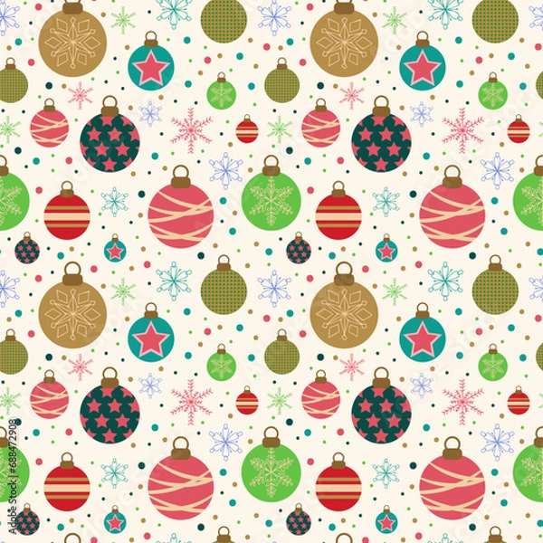 Fototapeta Painted seamless pattern with Christmas tree balls and snowflakes on light background retro style. Christmas holiday background. Design of packaging, wallpaper. Vector pattern in style. 