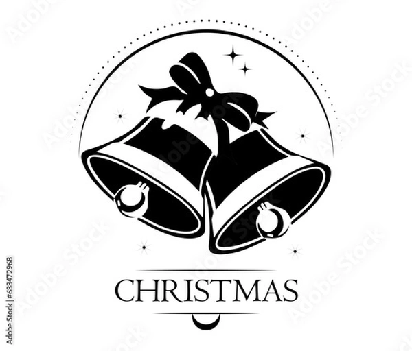 Obraz Drawing black and white Christmas bells with Merry Christmas inscription with bow and snowflakes. Isolated design element on white background. Template for greeting card, poster, cover, flyer. Vector 