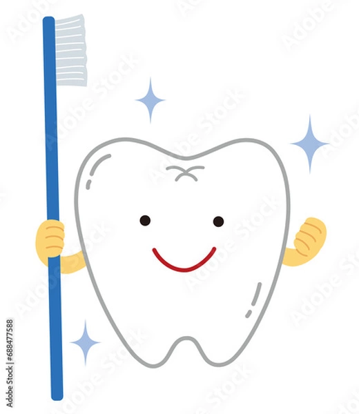 Obraz 歯ブラシを持ったかわいい歯のイラスト