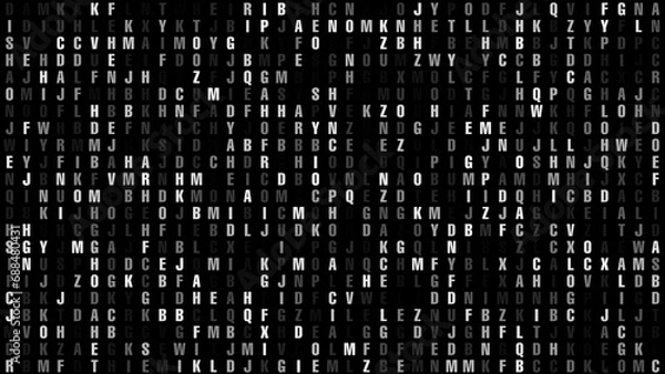 Fototapeta Letters on black dynamic, stylish alphabet pattern of unpredictable, contemporary typography texture and abstract text composition, creating visual communication of artistic chaos