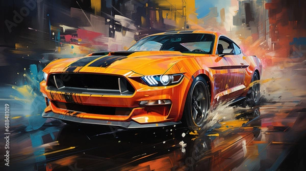 Fototapeta Colorful Retro Car on Road Earthy Watercolor Oil Painting Background